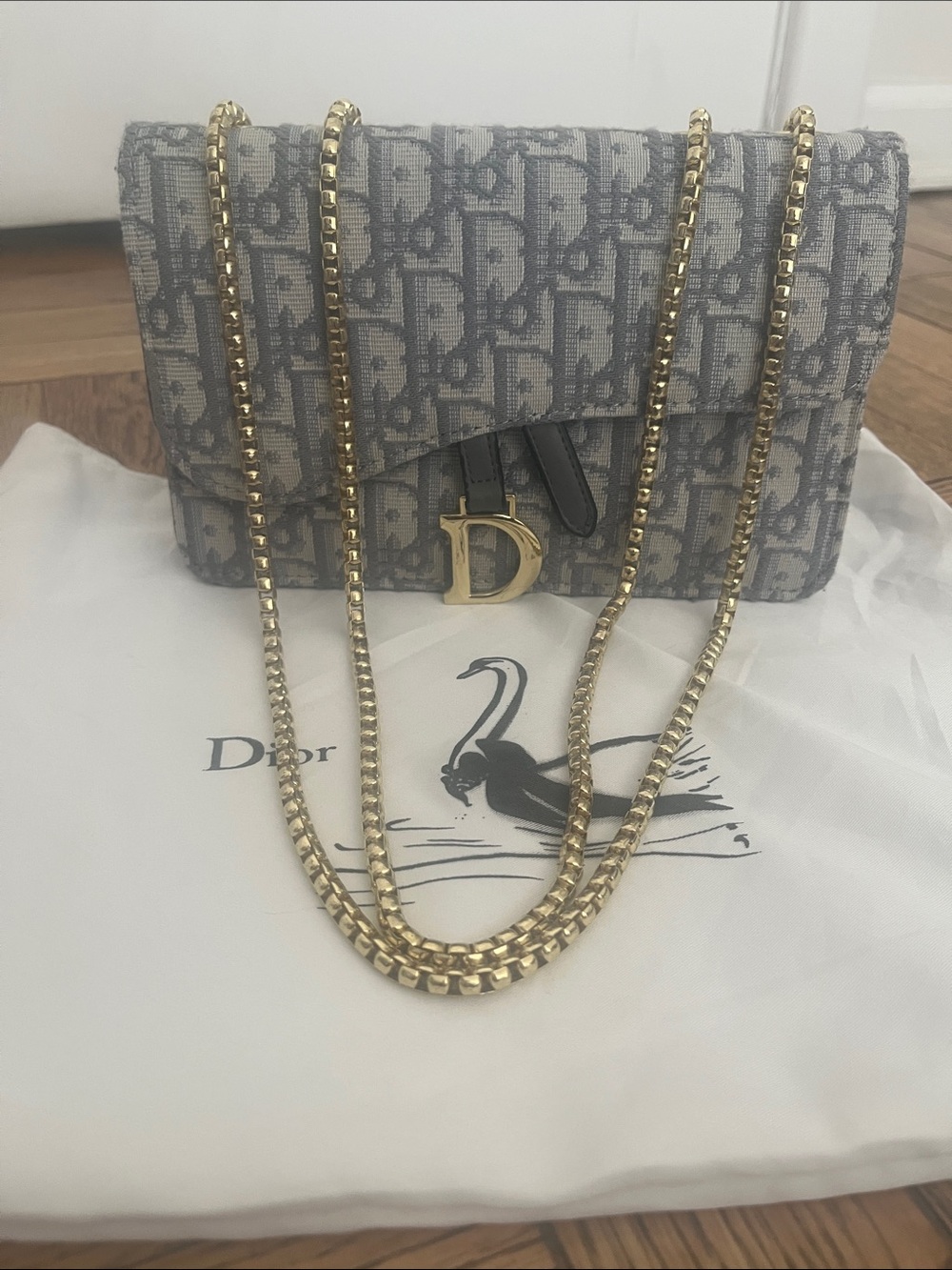 Gray Monogram Canvas Shoulder Bag with Gold 'D' Detail